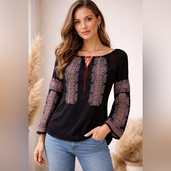 DKNY Tops - DKNY Beaded & Embroidered Silk Boho Peasant Blouse Festival Top, Flare Sleeves